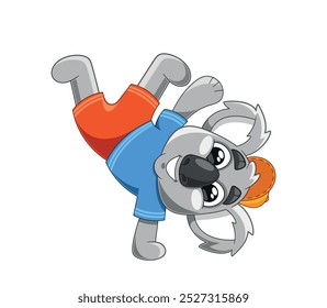 Lindo Koala De Dibujos Animados Que Realiza Una Danza Divertida Y Enérgica En Una Pose De Hip Hop. Ilustración vectorial con carácter de Koala