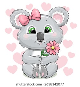 Cute Cartoon Koala with pink flower and hair bow. Vector Illustration with animal on white background with pink hearts.