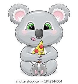 Cute cartoon koala with pizza. Vector illustration of an animal isolated on white.