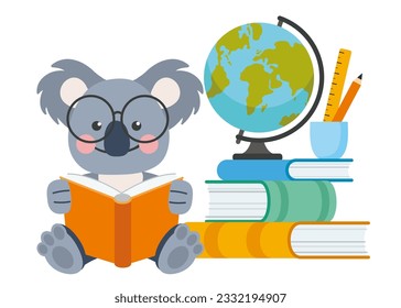 Cute cartoon koala reading book near stack of books, globe and stationery. Animals back to school. Isolated illustration in flat style. 