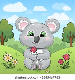 Bonito Cartoon Koala com uma flor vermelha na natureza. Ilustração vetorial de um animal com flores vermelhas e brancas, grama e árvores.