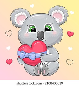 Cute cartoon koala with red heart. Vector illustration of animal.
