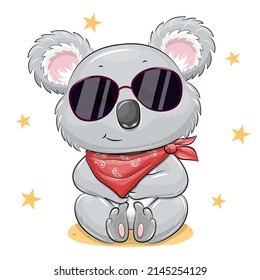 Dibujo lindo koala con una bufanda roja y gafas. Ilustración vectorial de un animal sobre un fondo blanco con estrellas amarillas.