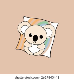 Coala de desenho animado bonito relaxando em um travesseiro com decoração de pastel arco-íris