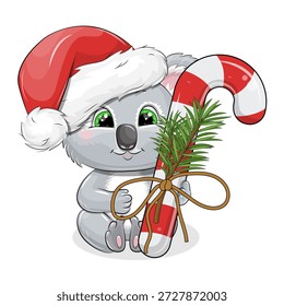 Cute cartoon Koala with Santa hat and Christmas candy cane. New year vector illustration of animal and sweet food on white background.