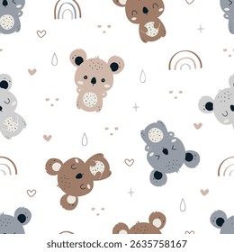 Cute cartoon koala seamless pattern. Funny animal background. Design for fabric, wallpaper, kids fashion, baby apparel, wrapping paper