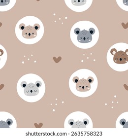 Cute cartoon koala seamless pattern. Funny animal background. Design for fabric, wallpaper, kids fashion, baby apparel, wrapping paper