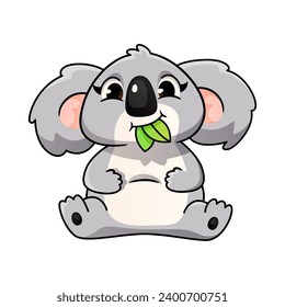 Cute cartoon koala sits and chews eucalyptus leaves.