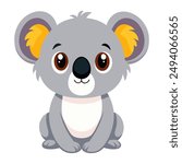 Cute cartoon koala sitting isolated on white background. Front view. Vector illustration.