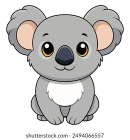 Cute cartoon koala sitting isolated on white background. Front view. Vector illustration.