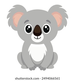 Cute cartoon koala sitting isolated on white background. Front view. Vector illustration.