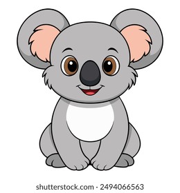 Cute cartoon koala sitting isolated on white background. Front view. Vector illustration.