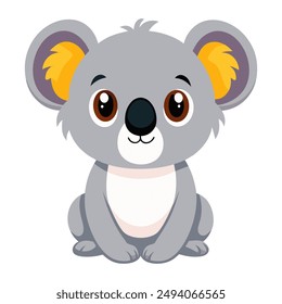 Cute cartoon koala sitting isolated on white background. Front view. Vector illustration.