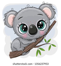 Cute Cartoon Koala is sitting on a tree