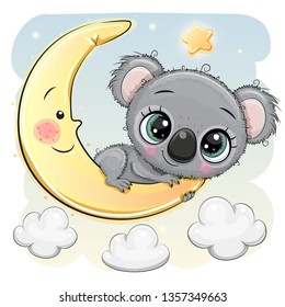 Cute Cartoon Koala is sitting on the moon