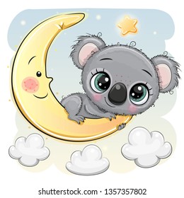 Cute Cartoon Koala is sitting on the moon