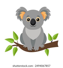 Cute cartoon koala sitting on a tree branch isolated on white background. Koala hanging on the tree. Side view. Vector illustration.