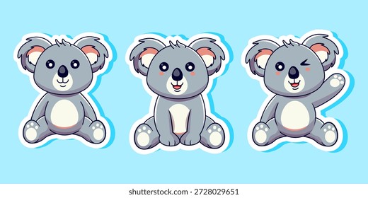 Cute Cartoon Koala in Sitting Pose Stickers Set Vector Illustration