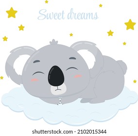 Cute cartoon koala sleeping on the cloud. Koala on a white background. Vector illustration