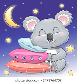 Cute cartoon koala is sleeping on the pillows. Night vector illustration on a dark blue background with stars and moon.