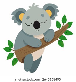 Cute cartoon koala sleeping on eucalyptus tree. Adorable Australian animal in peaceful pose Perfect for nursery prints, kids books, bedtime stories.Isolated vector illustration on white background