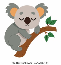 Cute cartoon koala sleeping on eucalyptus tree. Adorable Australian animal in peaceful pose Perfect for nursery prints, kids books, bedtime stories.Isolated vector illustration on white background