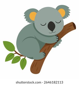 Cute cartoon koala sleeping on eucalyptus tree. Adorable Australian animal in peaceful pose Perfect for nursery prints, kids books, bedtime stories.Isolated vector illustration on white background