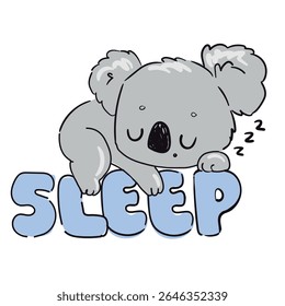 Bonito coala de desenho animado dormindo na palavra SLEEP Mão Desenhado vetor de berçário