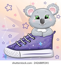 A cute cartoon koala with a sneaker. Vector illustration of an animal on a colorful background with stars.