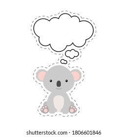 Cute cartoon koala with speech bubble sticker. Kawaii character on white background. Cartoon sitting animal postcard clipart for birthday, baby shower, party event. Vector stock illustration.