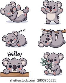 Cute cartoon koala sticker collection featuring sleeping, waving, hanging, sitting, peeking, and holding eucalyptus leaves. Ideal for children's books, nursery decorations, greeting cards, planners, printable crafts, educational materials, and adorable wildlife-themed illustrations.