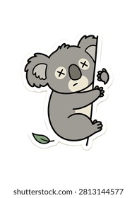 A cute cartoon koala sticker design with x-eyes, hanging from a branch, isolated on a white background