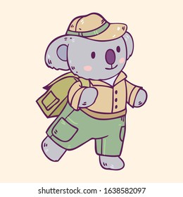 Cute cartoon koala traveler with bag and tourist safari costume. Vector illustration isolated on background