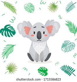 Cute cartoon koala with tropical leaves. Vector character illustration on white isolated background.