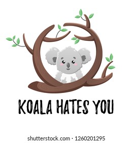 Cute cartoon koala. Vector isolated illustration on white background. Koala on tree among the branches. Template for design, print. Joke text