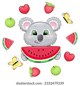 Cute cartoon koala with watermelon in fruit frame. Summer animal vector illustration with yellow butterflies, red, strawberry, green apple, watermelon, hearts on white background.