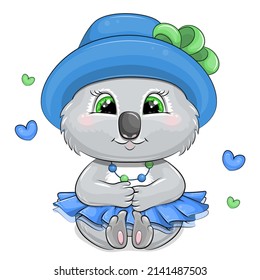 Cute cartoon koala wearing a blue hat and skirt. Vector illustration of an animal on a white background with hearts.