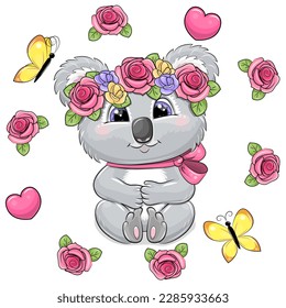A cute cartoon koala wearing a flower wreath and a bow around her neck sits in the roses frame. Vector illustration of an animal on a white background with roses, butterflies and hearts.
