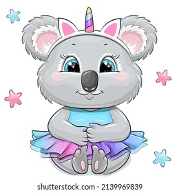 Cute cartoon koala wearing a unicorn dress and headband. Vector illustration of an animal on a white background with stars.