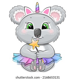 A cute cartoon koala wearing a unicorn headband and skirt is holding a magic wand. Vector illustration of an animal on a white background.