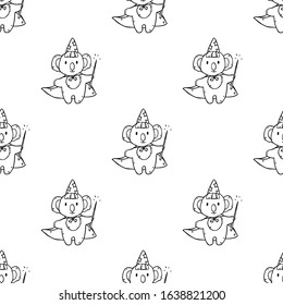 Cute cartoon koala wizard with magic wand, hat and coat. Vector seamless pattern