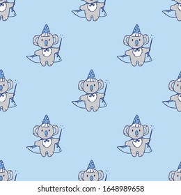 Cute cartoon koala wizard with magic wand, hat and coat. Vector seamless pattern