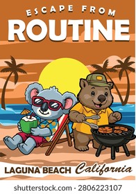 Cute cartoon koala and wombat mascots enjoying a tropical beach holiday barbecue grill at sunset with palm trees