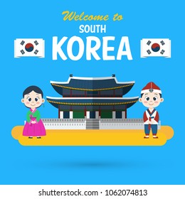 Cute cartoon Korean boy and girl in national costume, Vector Illustration