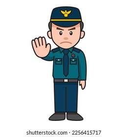 Cute cartoon Korean police doing a hand stop sign