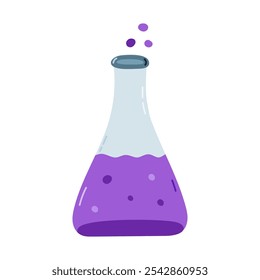 Cute cartoon laboratory beaker with purple chemical solution and bubbles. Flat bottomed flask, glassware for science experiment, chemistry tests. Hand drawn lab equipment isolated on white.