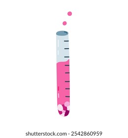 Tubo de prueba lindo del laboratorio de la historieta con el reactivo químico rosado, sedimento. Matraz estrecho alto, tubo de vidrio para experimento científico, química, lección de biología. Vaso de precipitado de laboratorio plano dibujado a mano aislado en blanco.