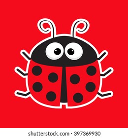 Cute Cartoon Lady Bug Sticker Icon. Red Background. Baby Illustration. Flat Design. Vector Illustration