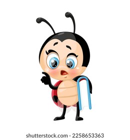 Cute cartoon ladybug arguing with a book under the armpit on a white background
