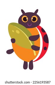 Cute cartoon ladybug beetle with leaf flat icon. Vector illustration